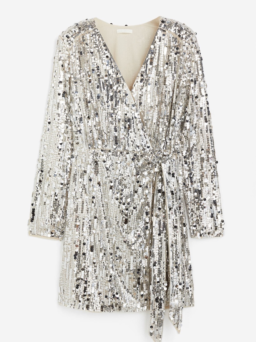 H&M Silver Sequin VNeck Long Sleeve Wrap Dress Large